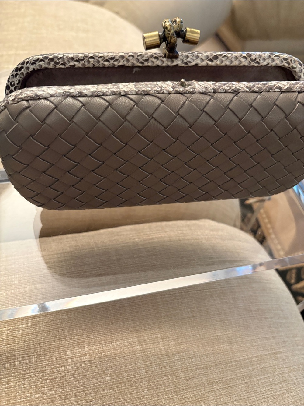 Bottega Veneta Gray Intrecciato Knot Clutch with Gold Hardware